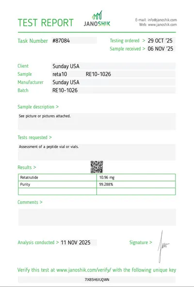 Janoshik COA test report retatrutide 99.28% purity — Buy Retatrutide UK